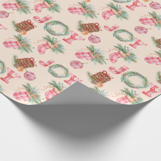 Rustiek Kerstgingham vreugde vakantie cadeau Cadeaupapier (Hoek)