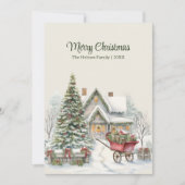 Rustiek kersthuisje met boom en rode wagen feestdagenkaart (Voorkant)