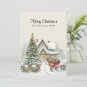 Rustiek kersthuisje met boom en rode wagen feestdagenkaart (Staand voorkant)