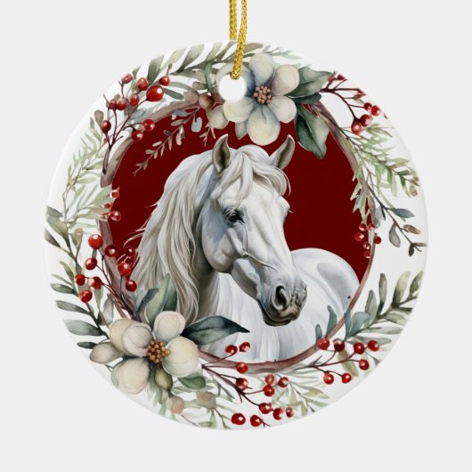 Rustiek Kerstkrans Wit Paard Keramisch Ornament (Voorkant)