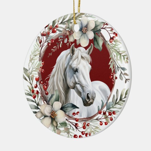 Rustiek Kerstkrans Wit Paard Keramisch Ornament (Links)