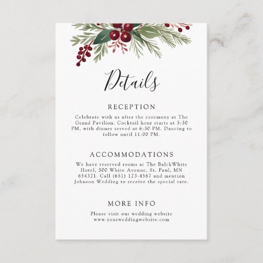 Rustiek Kerstmis Groen Bruiloft Informatiekaartje (Voorkant)