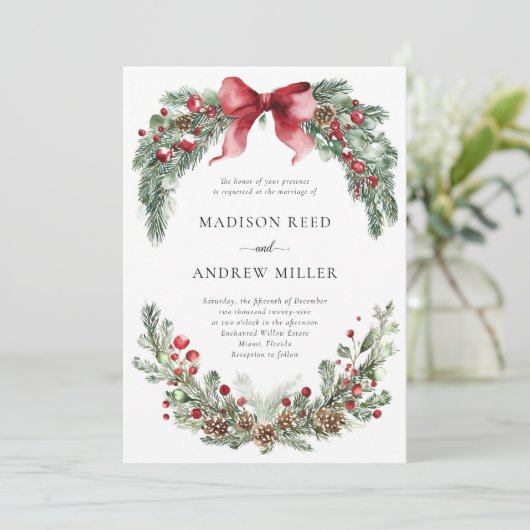 Rustiek Kerstmis Groen Bruiloft Kaart (Staand voorkant)