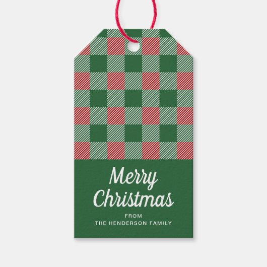 Rustiek Kerstmis Groen Plaid Patroon Cadeaulabel (Voorkant)