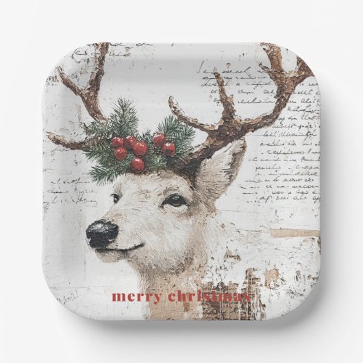 Rustiek kerstwinterrendier papieren bordje (Voorkant)