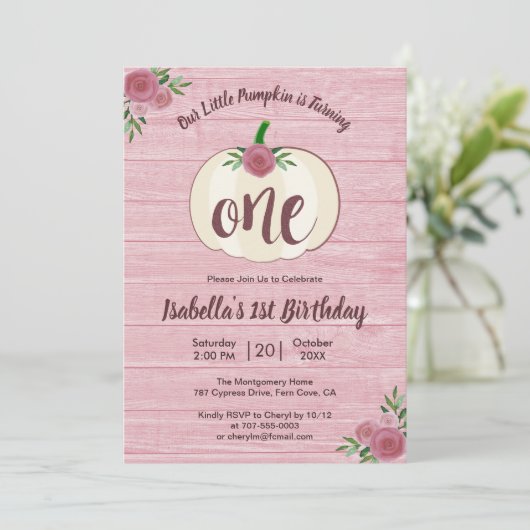 Rustiek klein pompoen meisje roze 1e verjaardag pa kaart (Staand voorkant)