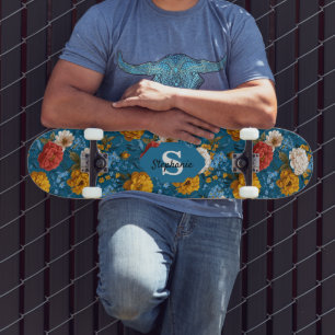 Rustiek  Kleurrijk Bloempatroon in Blauw Persoonlijk Skateboard