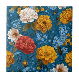 Rustiek  Kleurrijk Bloempatroon in Blauw Tegeltje