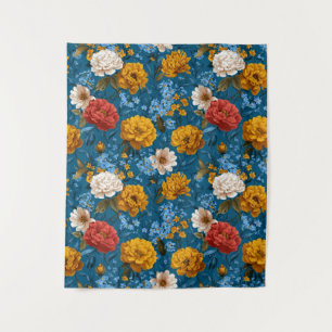 Rustiek  Kleurrijk Bloempatroon in Blauw Wandkleed
