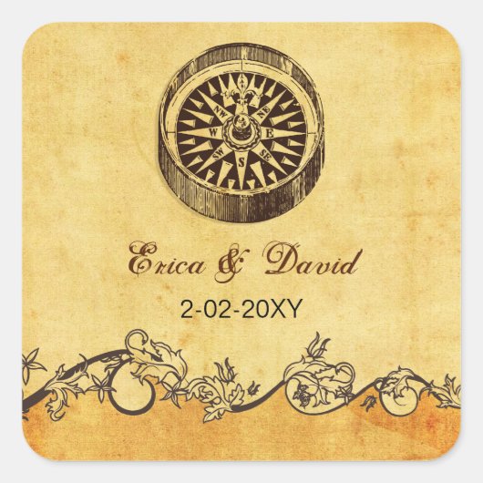 Rustiek kompas nautische bruiloft enveloppen afdic vierkante sticker (Voorkant)