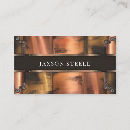 Rustiek koper en staal geklonken visitekaartje (Voorkant)