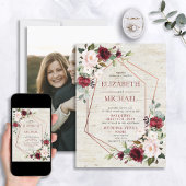 Rustiek koper geometrisch bourgogne foto bruiloft kaart