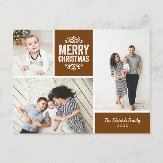 Rustiek Koper Kerstmis 3 Foto Collage Feestdagenkaart (Voorkant)