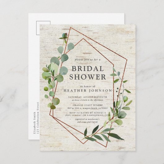Rustiek koperen geometrisch eucalyptus Vrijgezelle Aankondigingskaart (Voorkant / Achterkant)