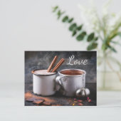 Rustiek kopje thee en hete chocolade paar verliefd briefkaart (Staand voorkant)