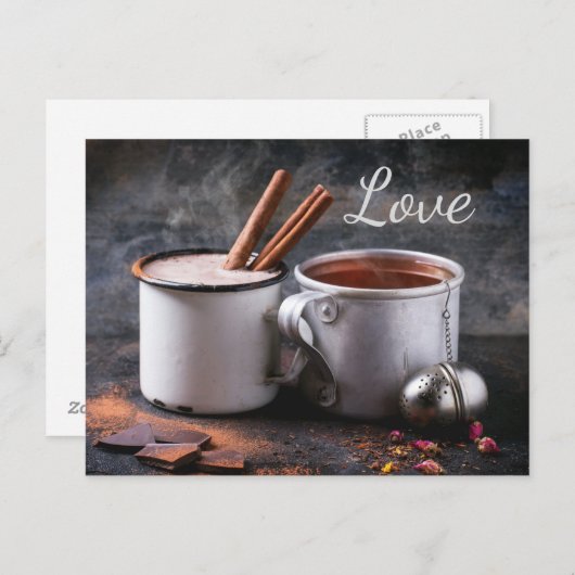 Rustiek kopje thee en hete chocolade paar verliefd briefkaart (Voorkant / Achterkant)
