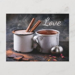 Rustiek kopje thee en hete chocolade paar verliefd briefkaart