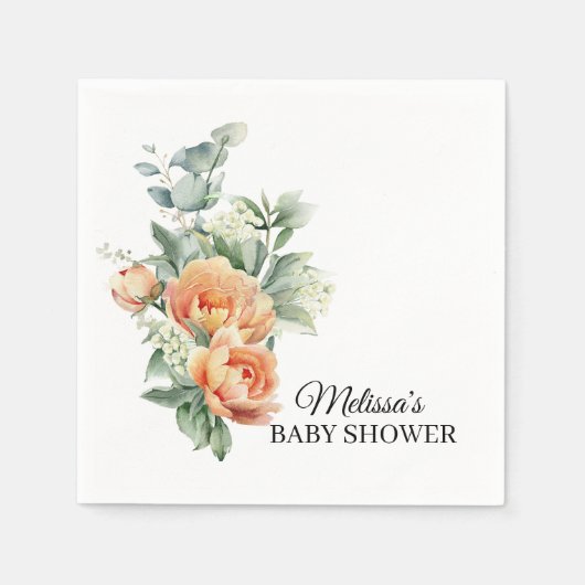 Rustiek koraal perzik bloem groen papier servet (Voorkant)