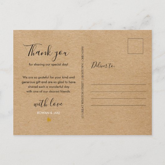 Rustiek Kraft Elegant Script Dank u Briefkaart (Achterkant)