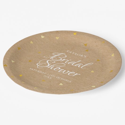 Rustiek kraft gouden harten confetti vrijgezellenf papieren bordje (Gekanteld)