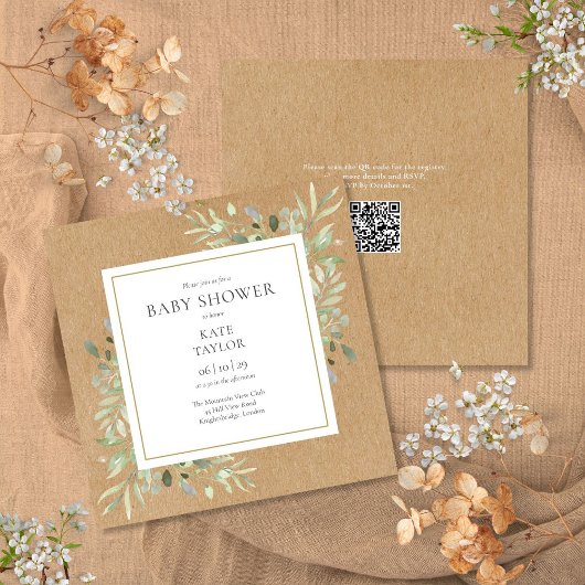Rustiek Kraft groen Neutraal QR Code Baby shower Kaart