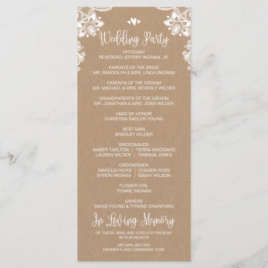 Rustiek Kraft Kant Trouwceremonie Programma Programmakaart (Achterkant)