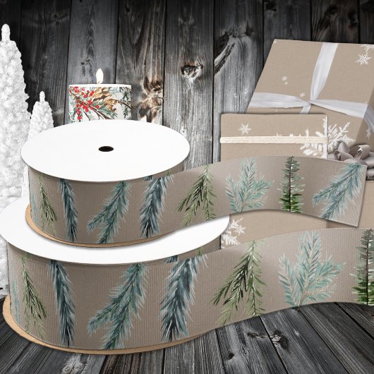 Rustiek Kraft Paper Winter Woodland Spruce Branche Grosgrain Lint