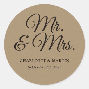 Rustiek Kraft papier Mr. en Mrs. Wedding Ronde Sticker