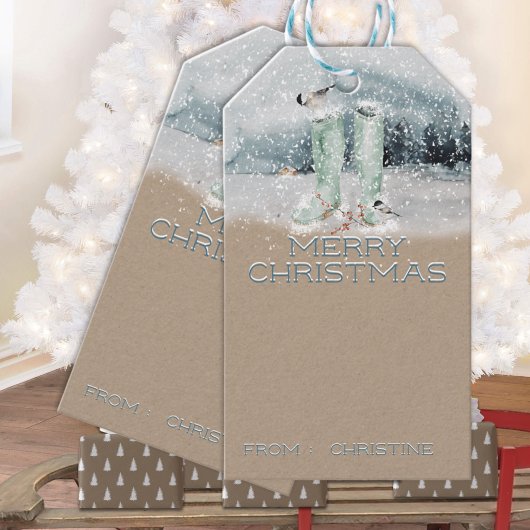 Rustiek Kraft Papier Sneeuwlaarzen & Chickadees Wi Cadeaulabel