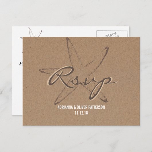 Rustiek Kraft Papier Zeester Nautische Huwelijk RS Uitnodiging Briefkaart (Voorkant / Achterkant)