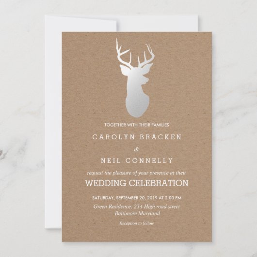 Rustiek Kraft Papier Zilver Antler Wedding Kaart (Voorkant)