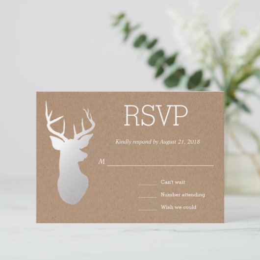Rustiek Kraft Papier Zilver Antler Wedding RSVP (Staand voorkant)
