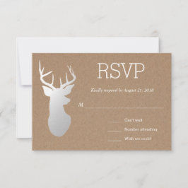 Rustiek Kraft Papier Zilver Antler Wedding RSVP Kaartje
