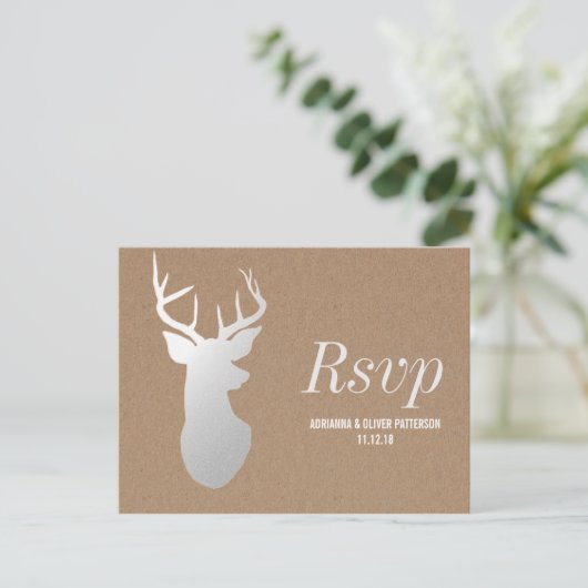 Rustiek Kraft Papier Zilver Antler Wedding RSVP Uitnodiging Briefkaart (Staand voorkant)