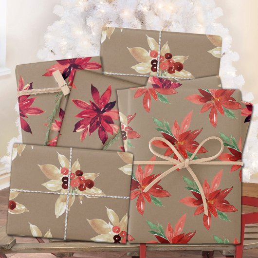 Rustiek Kraft Rood & Wit Foraal Vakantie Poinsetti Inpakpapier Vel