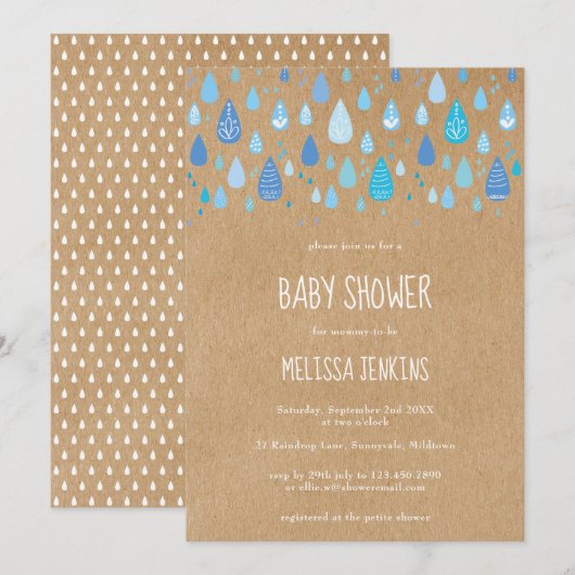 Rustiek Kraft Schattige Blauw Raindrops Jongen Bab Kaart (Voorkant / Achterkant)