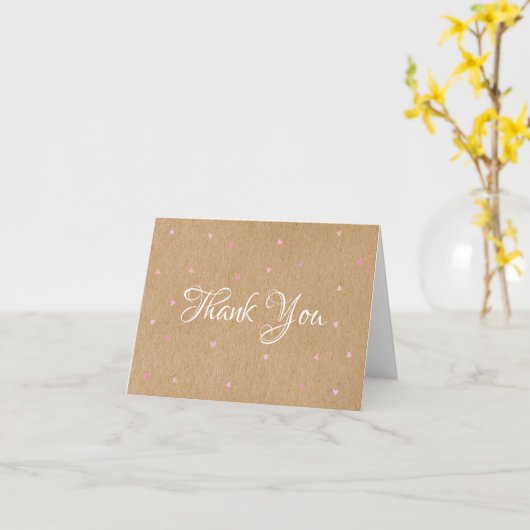 Rustiek Kraft Schattige Roze Harten Script Dank u Kaart (Gele Bloem)