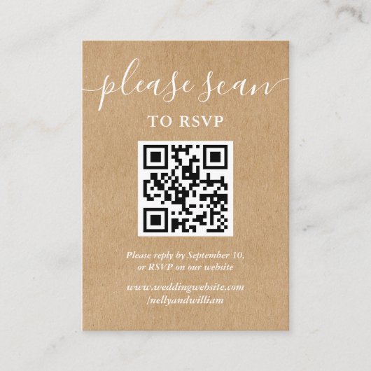 Rustiek Kraft Script RSVP QR Code Informatiekaartje (Voorkant)