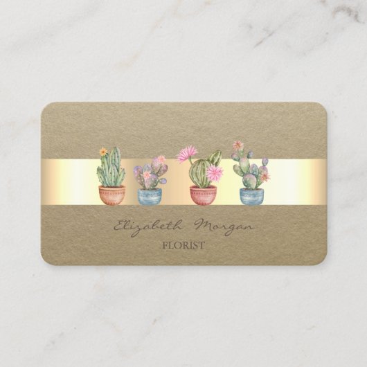 Rustiek, Kraft Stripe Succulenten Visitekaartje (Voorkant)