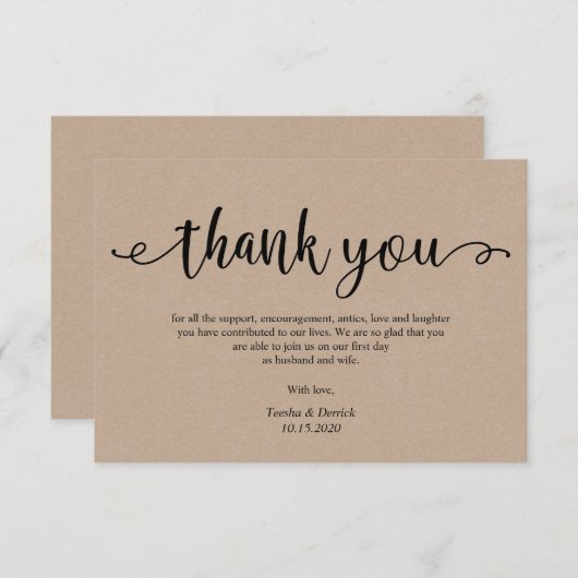Rustiek kraft zwart script, bruiloft Dank u Informatiekaartje (Voorkant / Achterkant)