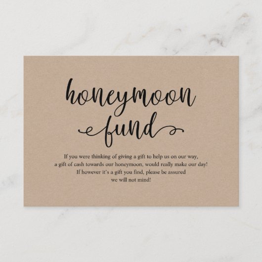 Rustiek kraft zwart script, Wedding Honeymoon Fund Informatiekaartje (Voorkant)