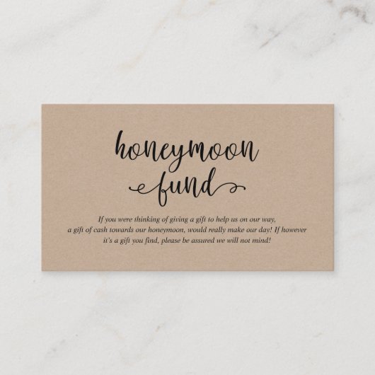 Rustiek kraft zwart script, Wedding Honeymoon Fund Informatiekaartje (Voorkant)