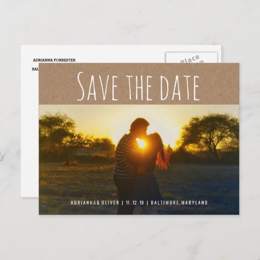 rustiek kraftpapier | Sla de datum paar foto Aankondigingskaart (Voorkant / Achterkant)