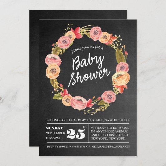Rustiek krijtbord bloemenkrans Baby shower uitnodi Kaart (Voorkant / Achterkant)