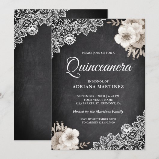 Rustiek krijtbord Kant Ivoor Bloemen Quinceanera Kaart (Voorkant / Achterkant)