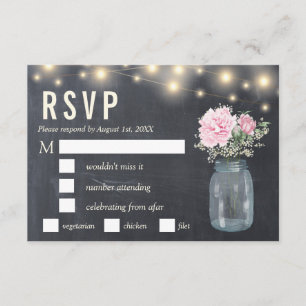 Rustiek krijtbord pioen bloemmolen RSVP-maaltijd Kaart