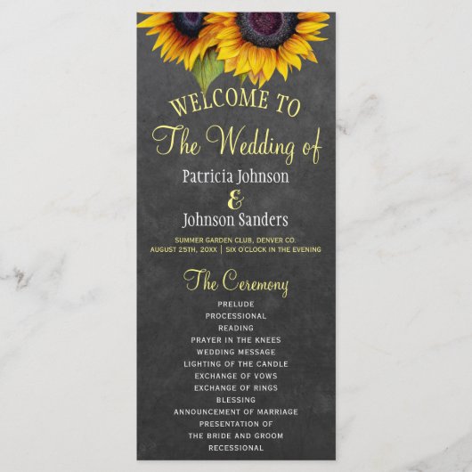 Rustiek krijtbord zonnebloemen bruiloft programma programmakaart (Voorkant)