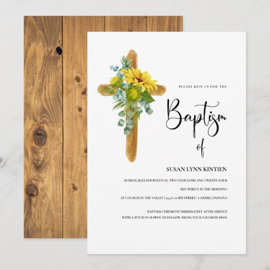 Rustiek kruis met zonnebloemen doop & staanplaats  kaart (Voorkant / Achterkant)