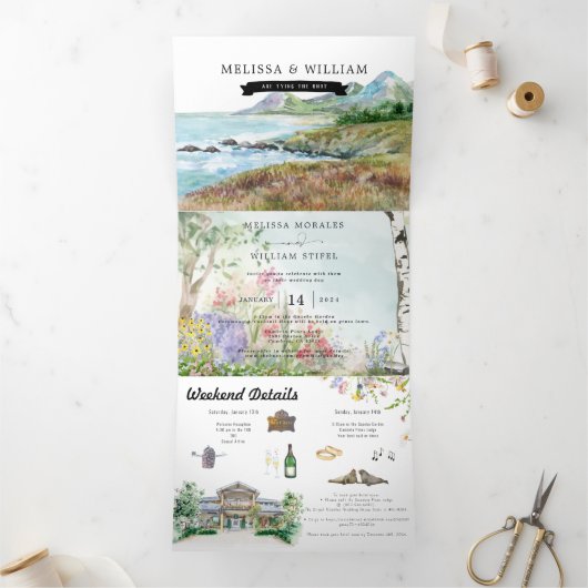 Rustiek Kusttuinhuisje | Geïllustreerde bruiloft Drieluik Uitnodiging (Binnen)