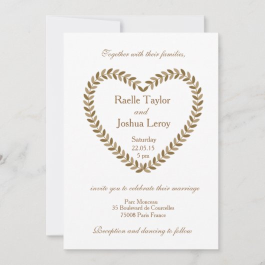 Rustiek laat hart goud wit bruiloft uitnodiging (Voorkant)